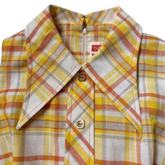 70s vintage plaid mini dress with pointed dagger collar sleeveless St Michael. - Picture 4 of 8